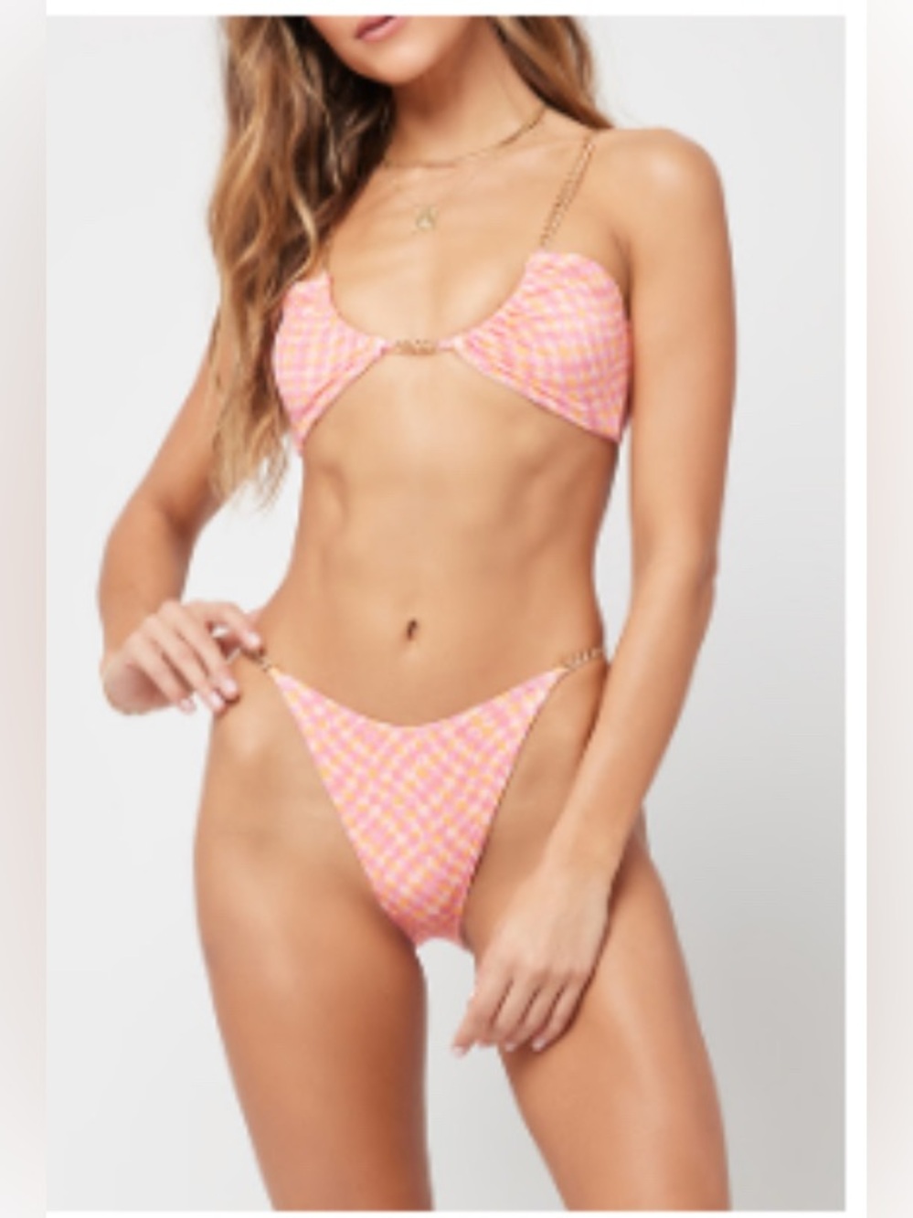 l*space Pink and Orange Checkerboard Chain Strap Bikini